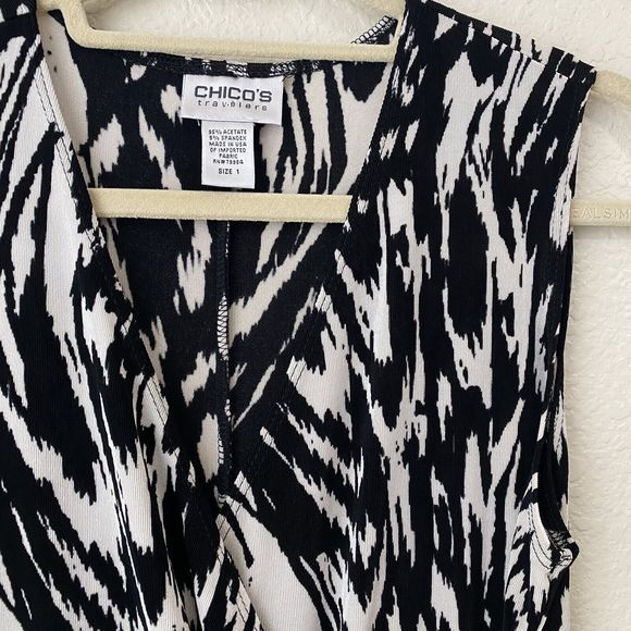 Chico's Dress Womens Size 1 Medium Travelers Faux Wrap Midi Black White - Picture 3 of 7